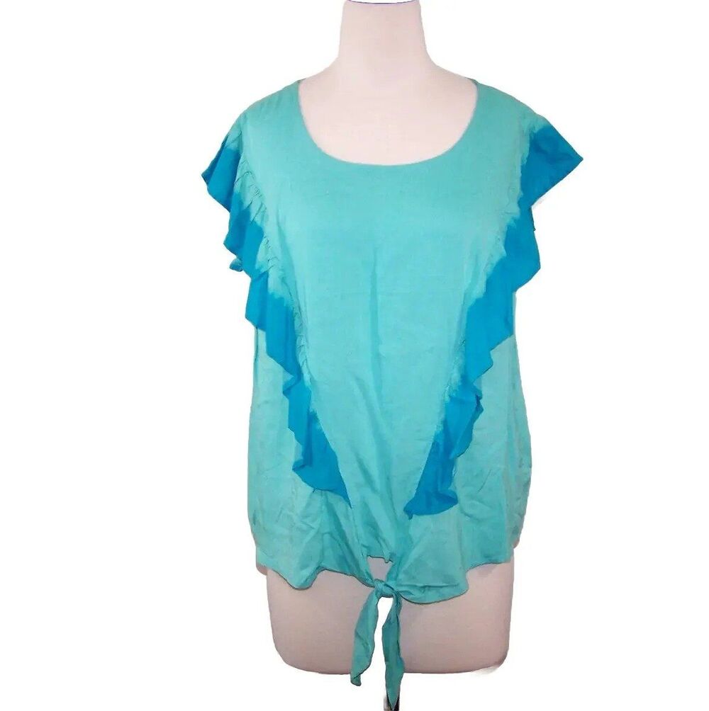 ANA Shirt Top XL Turquoise Tie Dye Ruffle Tie Front Keyhole Hippie Blouse NEW
